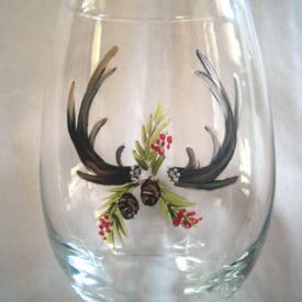 Stemless wine glass hand-painted antlers holiday