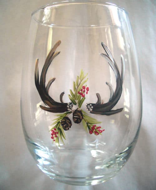 Stemless wine glass hand-painted antlers holiday