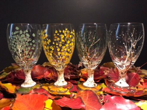 Set of four Colorado aspen leaf goblets hand-painted