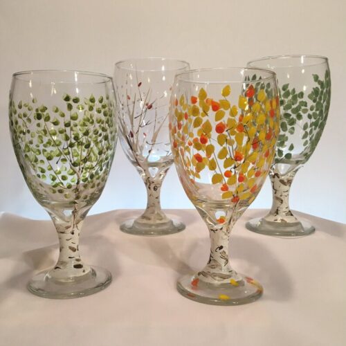 Set of four hand-painted glass goblets aspen leaf