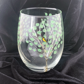 Stemeless wine glass aspen trees spring