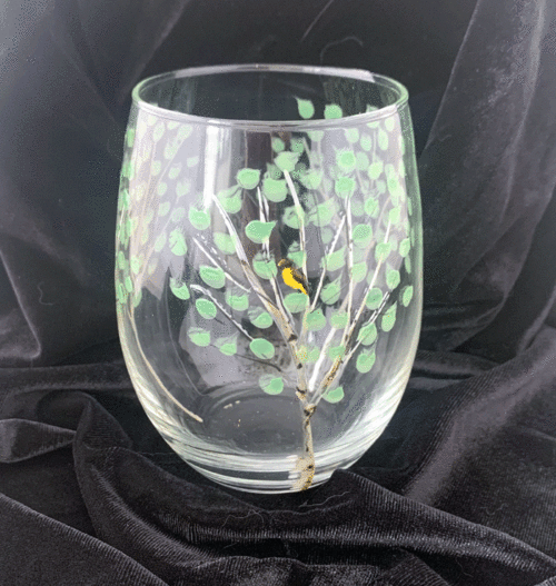 Stemeless wine glass aspen trees spring