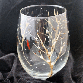 stemless wine glass winter aspen trees red bird