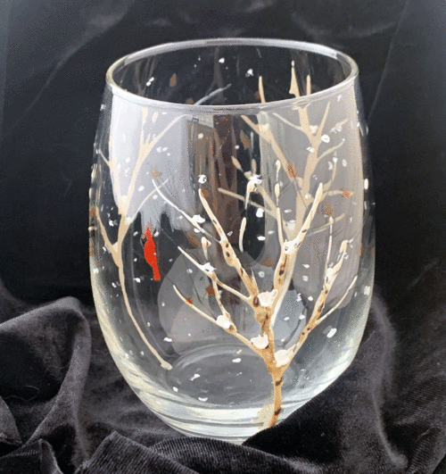stemless wine glass winter aspen trees red bird