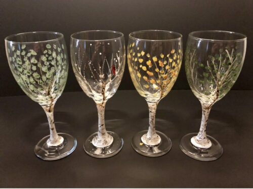 Set of Four aspen leaf wine glasses, four seasons